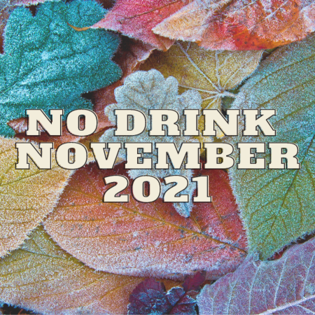 The words "No Drink November 2021" written in blocky white letters overtop of a background of frosted multi-colour fall leaves.